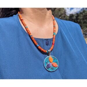 Handmade Necklace Navajo Jewelry Hand cut Orange Spiny Oyster Shell‎ ***